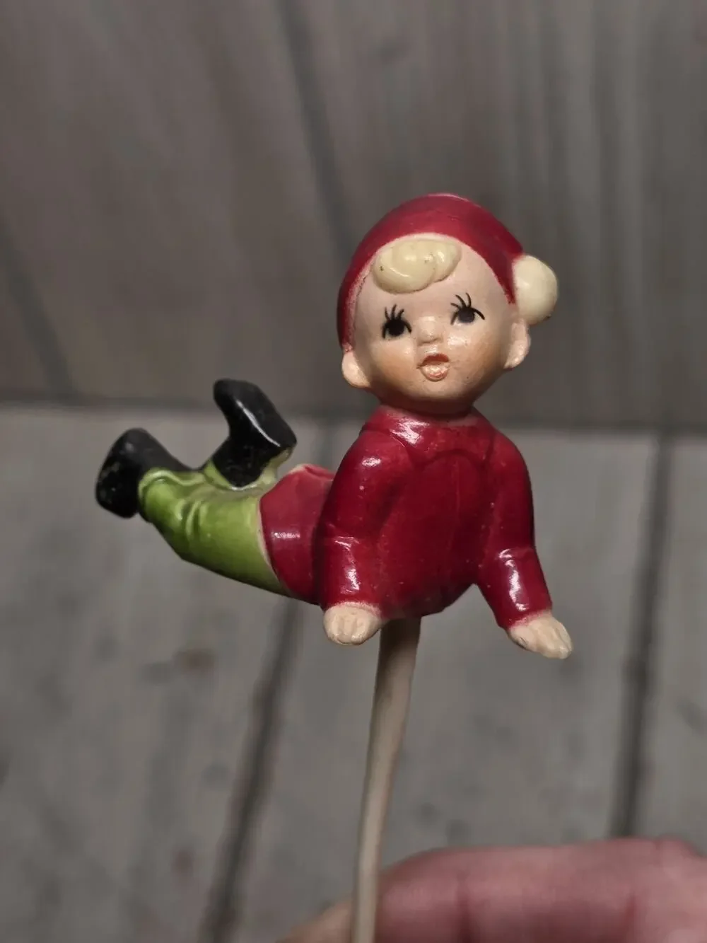 Vintage 50s Celluloid Plastic Pixie Boy Christmas Figure Straddle Legs MCM 2in